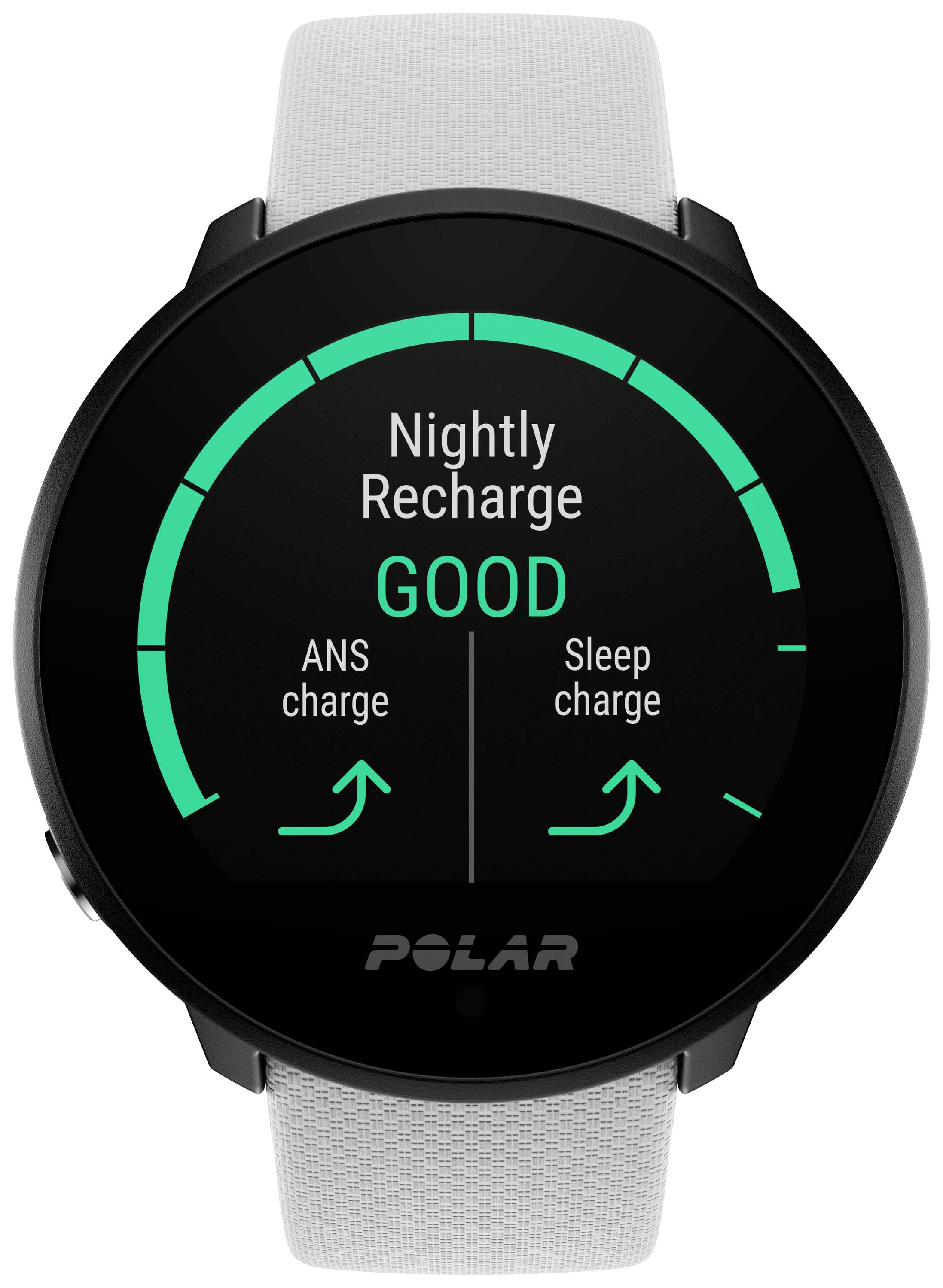 Die Abbildung zeigt eine schwarze Polar-Uhr mit grauem Armband. Auf dem Display steht: 'Nightly Recharge GOOD', mit Pfeilen für ANS und Schlafaufladung.