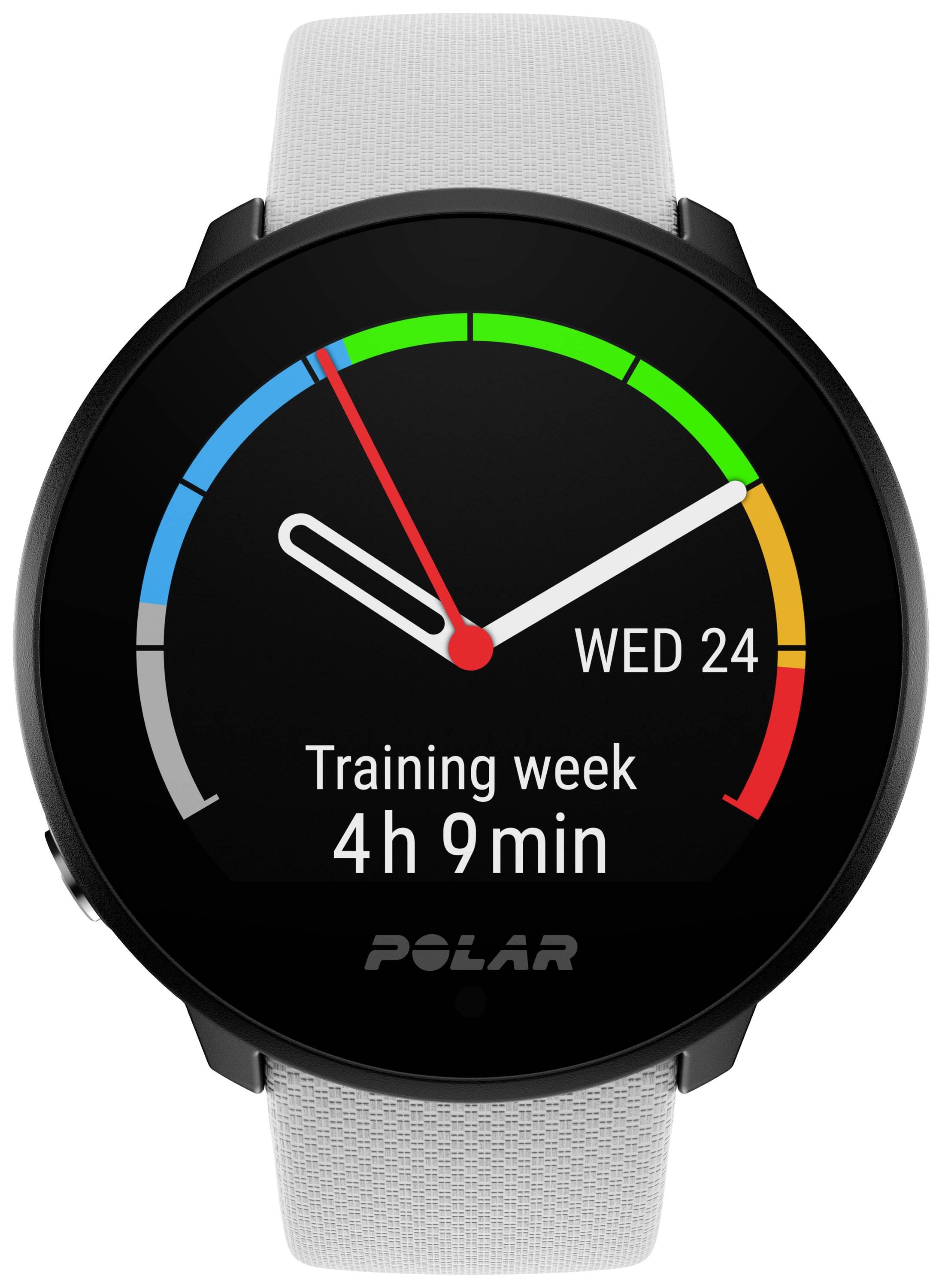 Eine runde Smartwatch zeigt auf dem Display eine Uhrzeit-Anzeige und den Text 'Training week 4h 9min' mit einem farbigen Fortschrittsbalken.