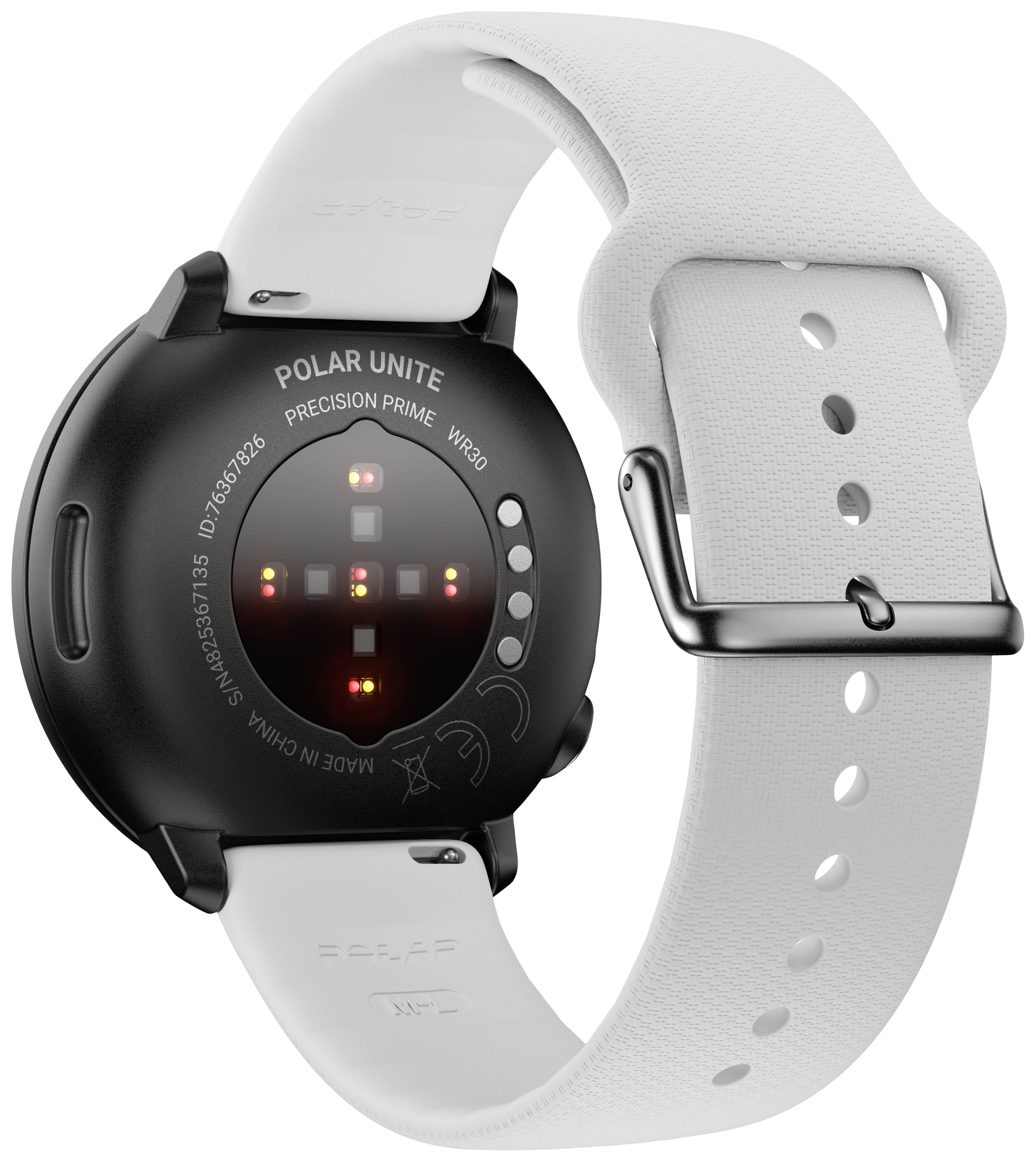 Rückseite einer Smartwatch mit weißen Armband und Sensoren zur Herzfrequenzmessung.