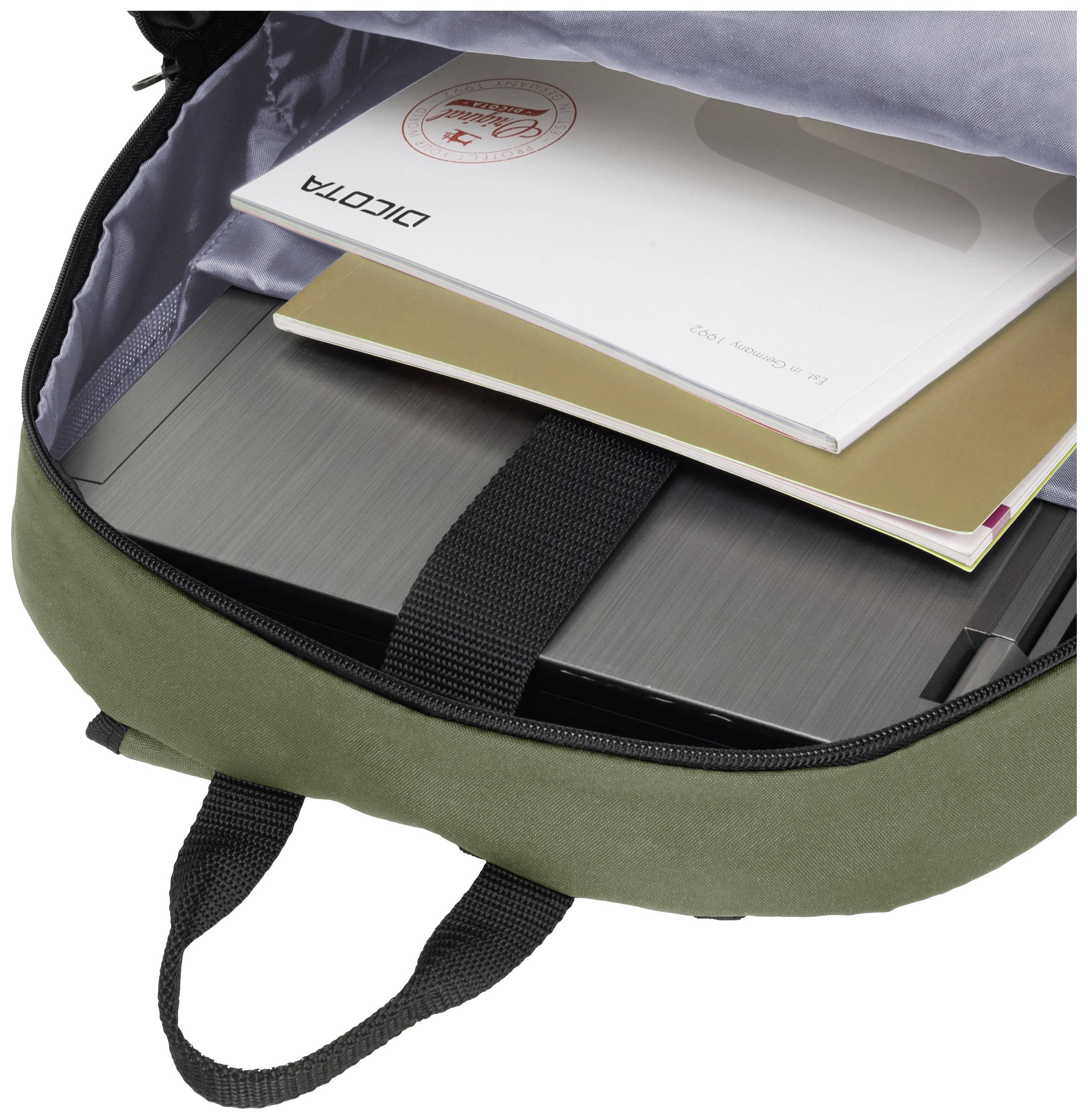 Offener Rucksack mit Laptop, Notizbuch und Dokumenten im Hauptfach.