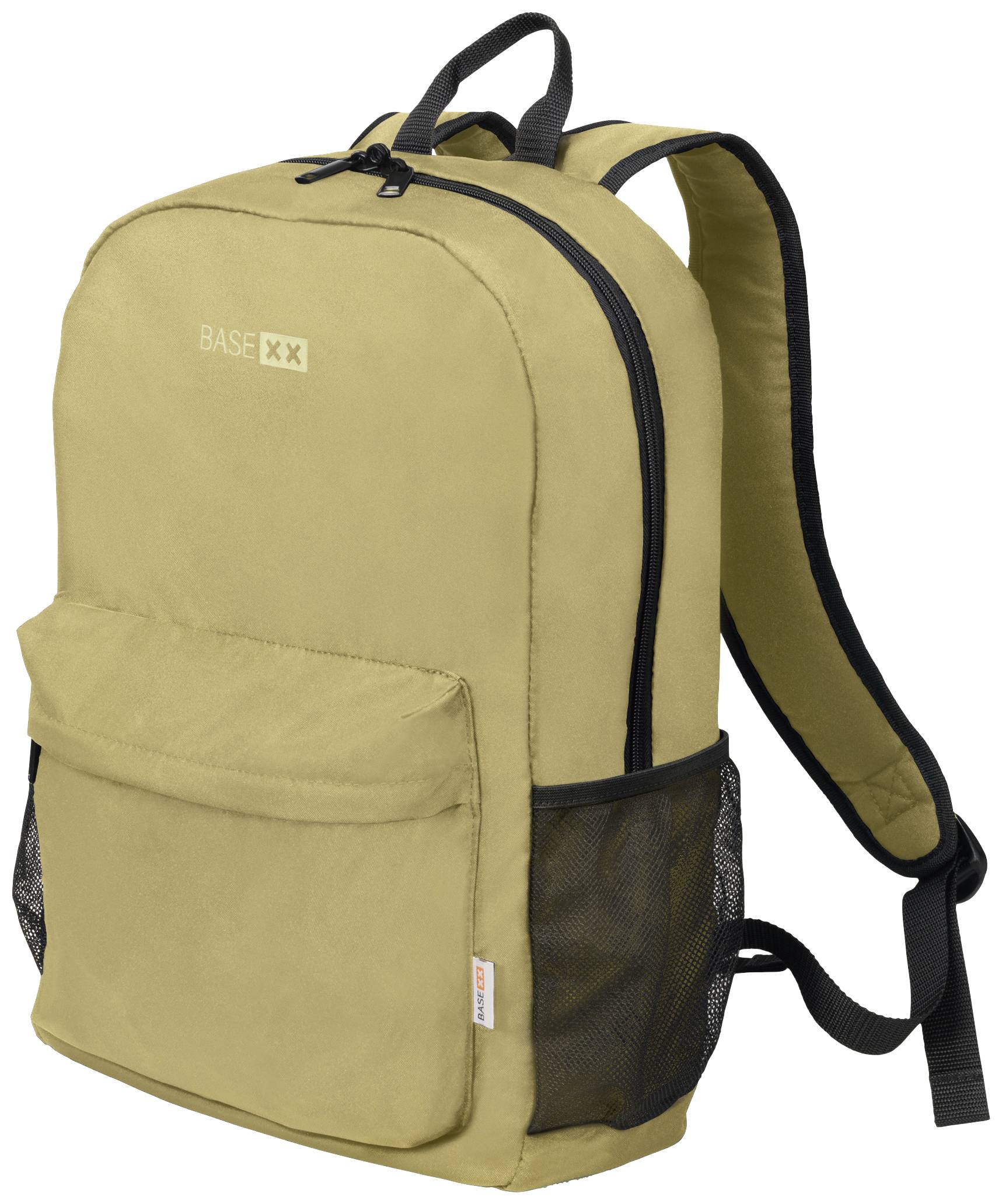 Beiger Rucksack mit schwarzem Reißverschluss und Netzseitentaschen. Der Rucksack hat verstellbare Träger und ein schlichtes Design.