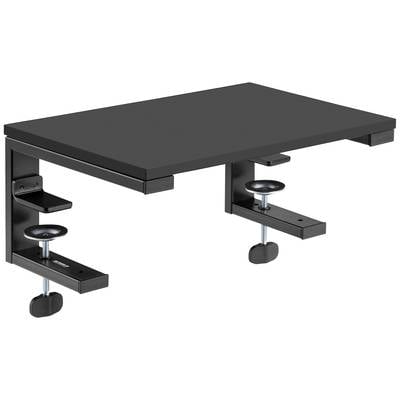Schwarze Tischablage mit zwei Schraubklemmen zur Befestigung an einer Tischkante, ideal zur Erweiterung der Arbeitsfläche.