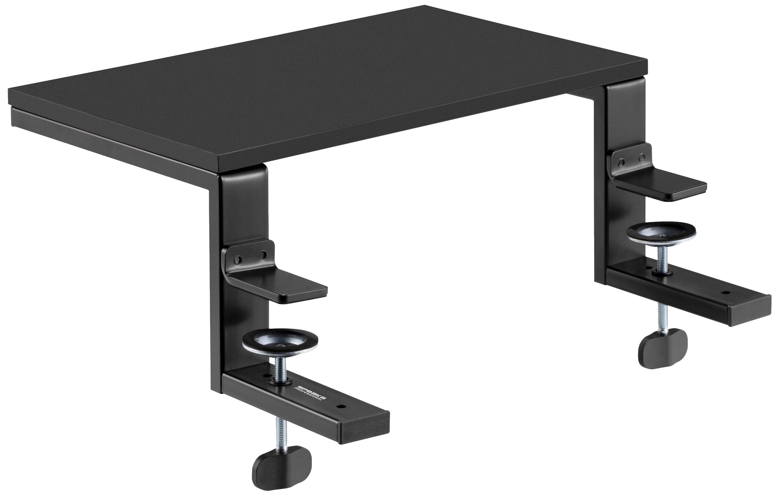 Höhenverstellbare Laptop-Halterung aus schwarzem Metall mit zwei Klemmen zur Befestigung an einem Tisch. Ideal für ergonomisches Arbeiten.