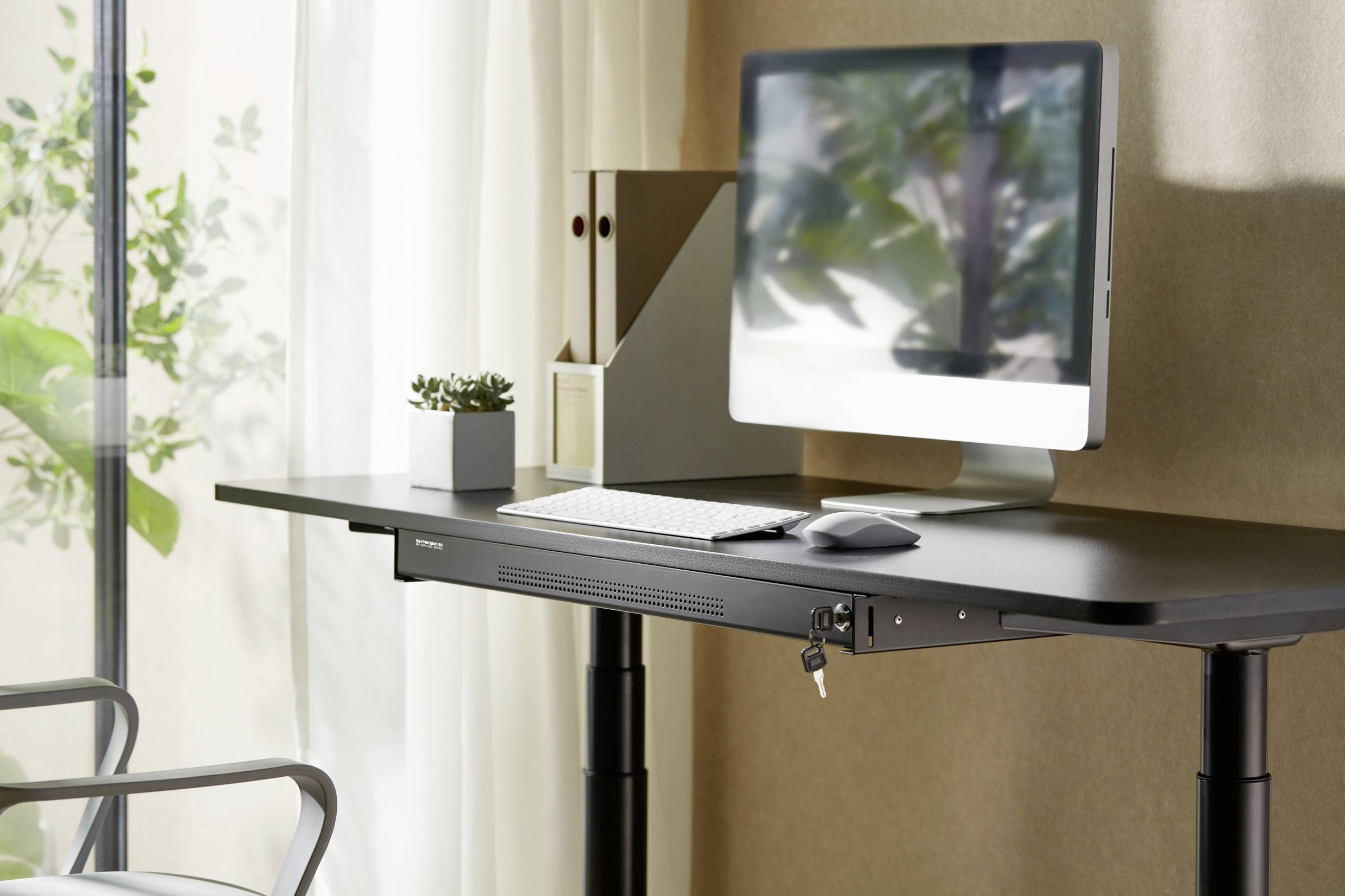 Ein höhenverstellbarer Schreibtisch mit einem Monitor, Tastatur, Maus und Pflanzen. Im Hintergrund sind Fenster mit Vorhängen.