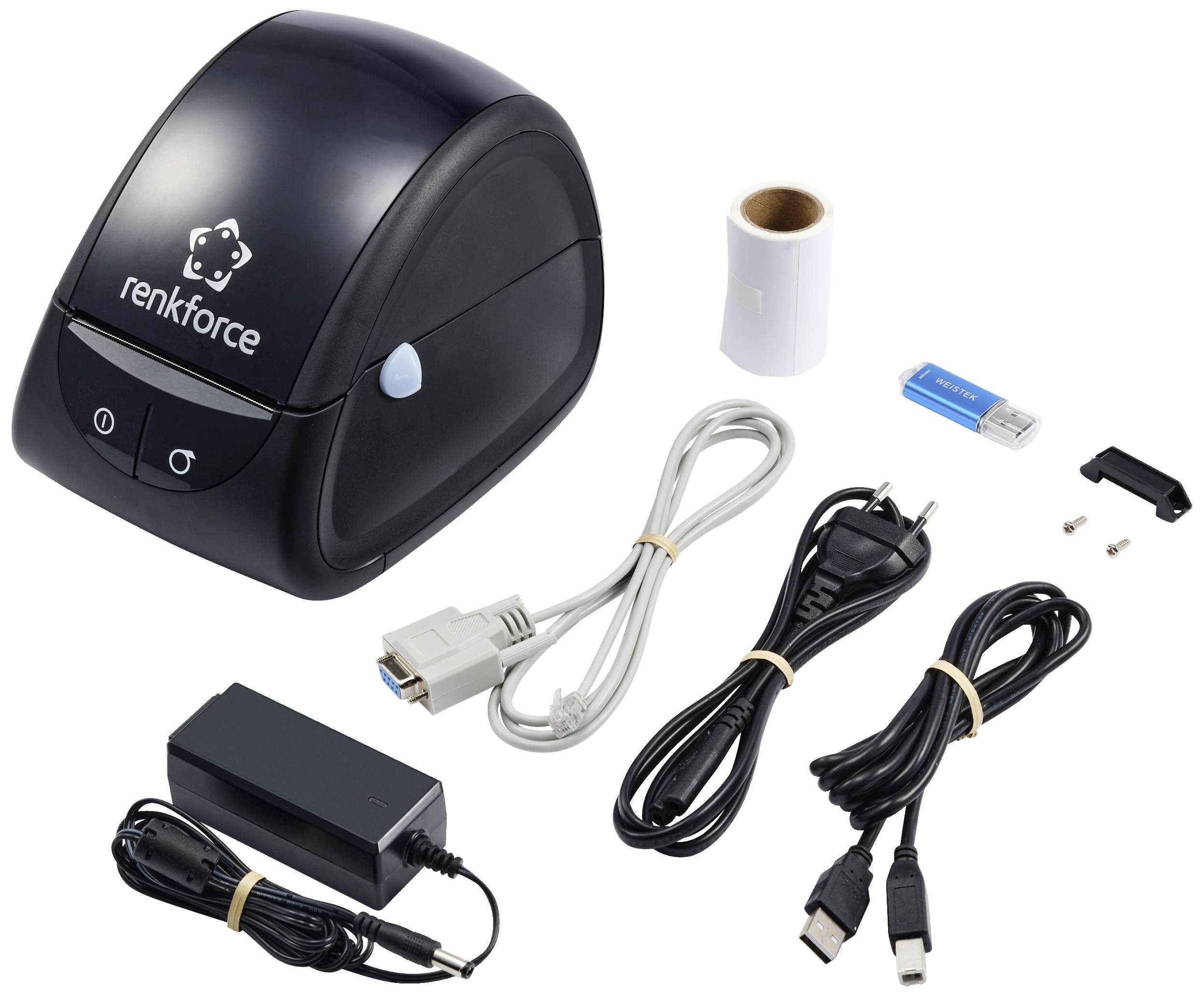 Etikettendrucker-Set bestehend aus einem schwarzen Etikettendrucker, USB-Stick, Netzadapter, verschiedenen Kabeln und Etikettenrolle.