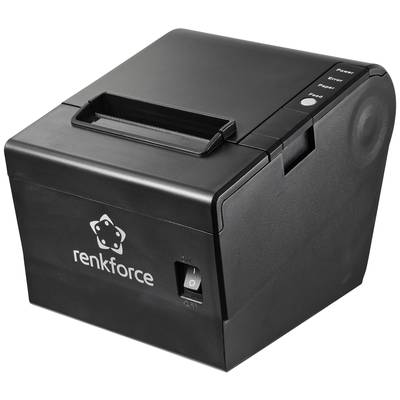Ein schwarzer Thermodrucker mit Logo 'renkforce' auf der Vorderseite. Die Tasten für 'Feed' und 'Power' befinden sich oben rechts.