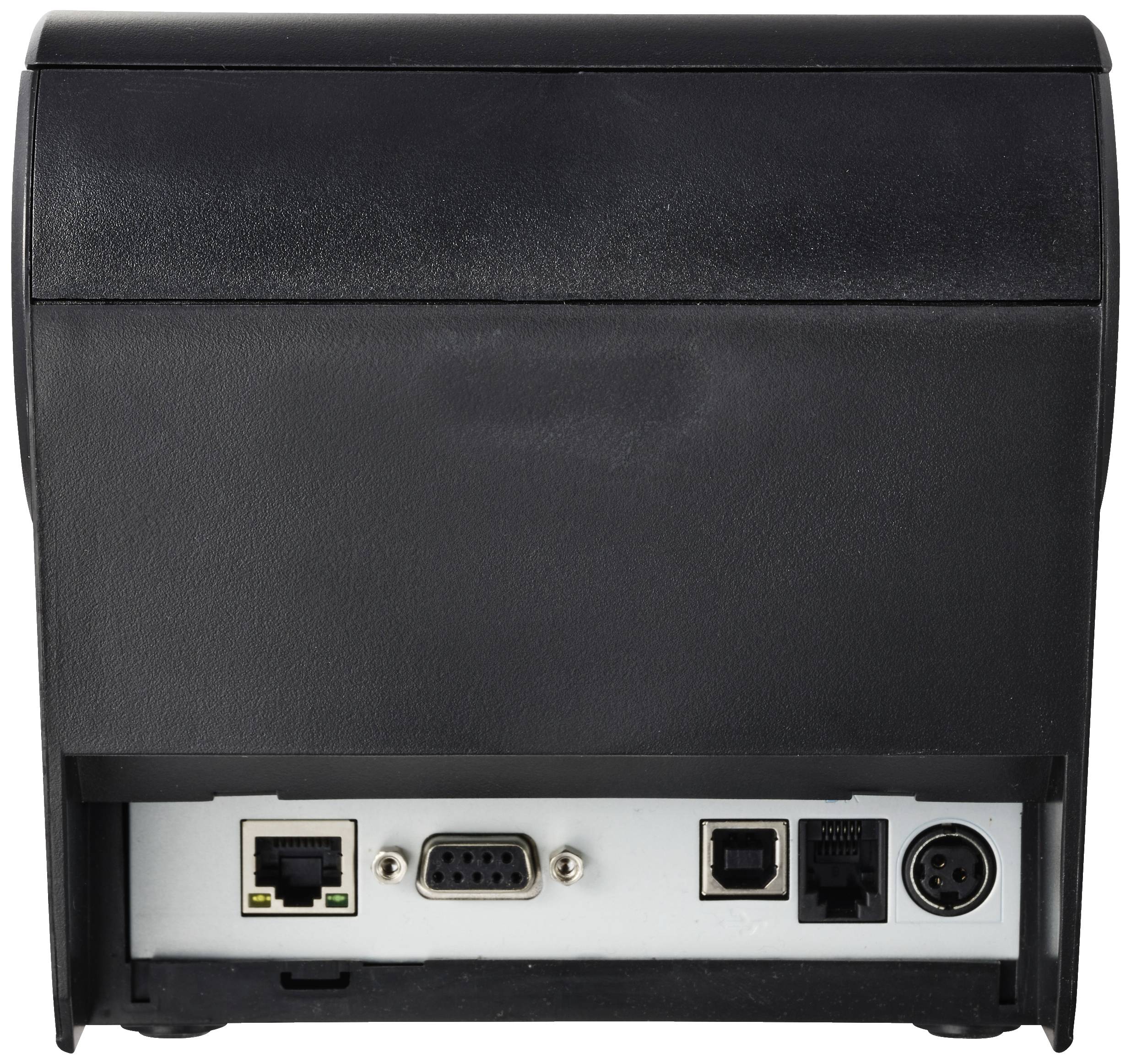 Ein schwarzes elektronisches Gerät mit Anschlüssen auf der Rückseite: Ethernet, serieller Port, USB und Stromanschluss.