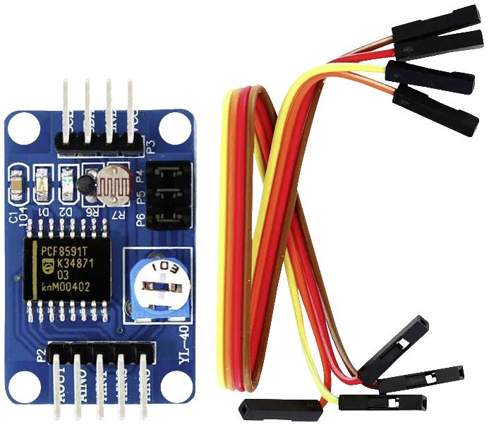 'Lichtsensor-Modul mit Kabelbündel für Arduino-Projekte, zeigt Anschlüsse und Schaltkreis auf blauer Platine.'