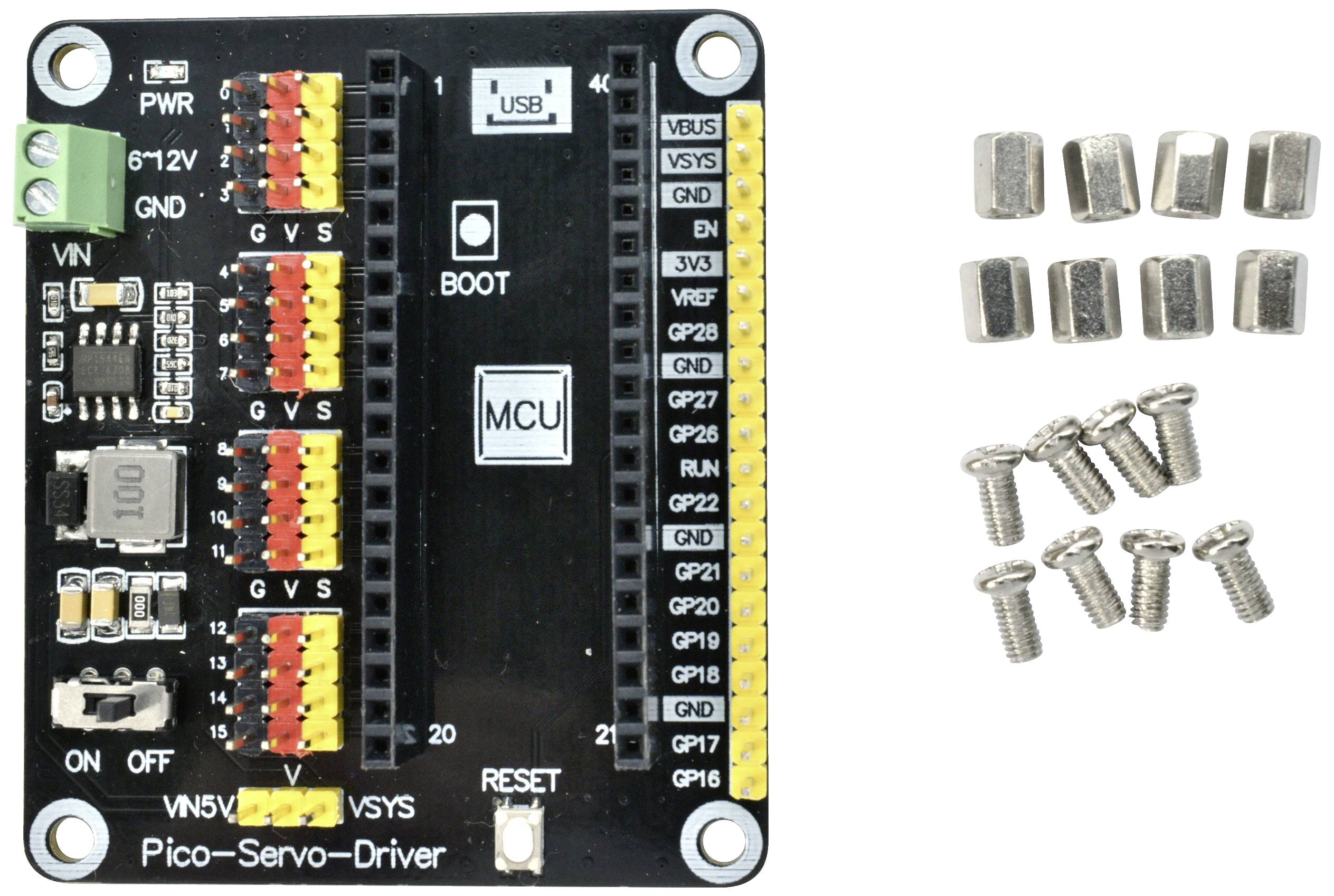 'Pico-Servo-Driver'-Platine mit Mikrocontrolleranschlüssen, USB-Anschluss, Tasten und farbkodierten Steckklemmen; Schrauben und Klemmen daneben.