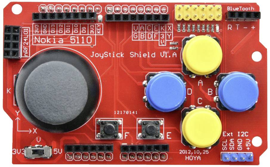 Joystick-Shield mit mehreren farbigen Tasten und einem schwarzen Joystick, beschriftet 'JoyStick Shield V1.A' und 'Nokia 5110'.