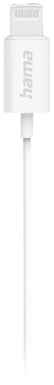 Ein weißes Ladekabel mit einem Anschluss, der typisch für Apple-Geräte ist, mit dem Markennamen 'Hama' auf dem Stecker.