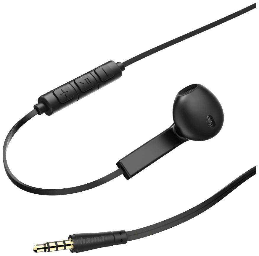 Schwarze In-Ear-Kopfhörer mit Drei-Tasten-Fernbedienung und 3,5-mm-Klinkenstecker. Markiert mit "hama".