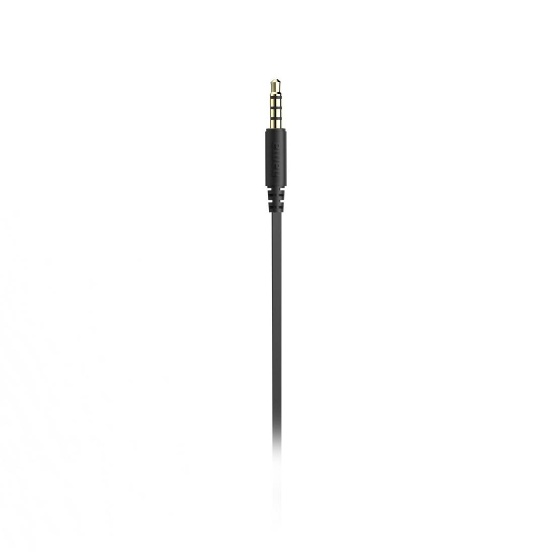 Ein einzelnes schwarzes Audiokabel mit einem 3,5-mm-Klinkenstecker vor weißem Hintergrund.