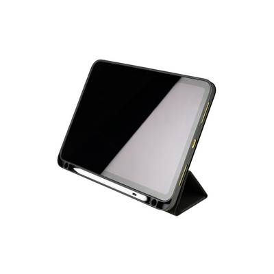 Ein Tablet in einer schwarzen Hülle steht leicht angewinkelt auf einem Ständer. Eine digitale Stiftablage befindet sich darunter.