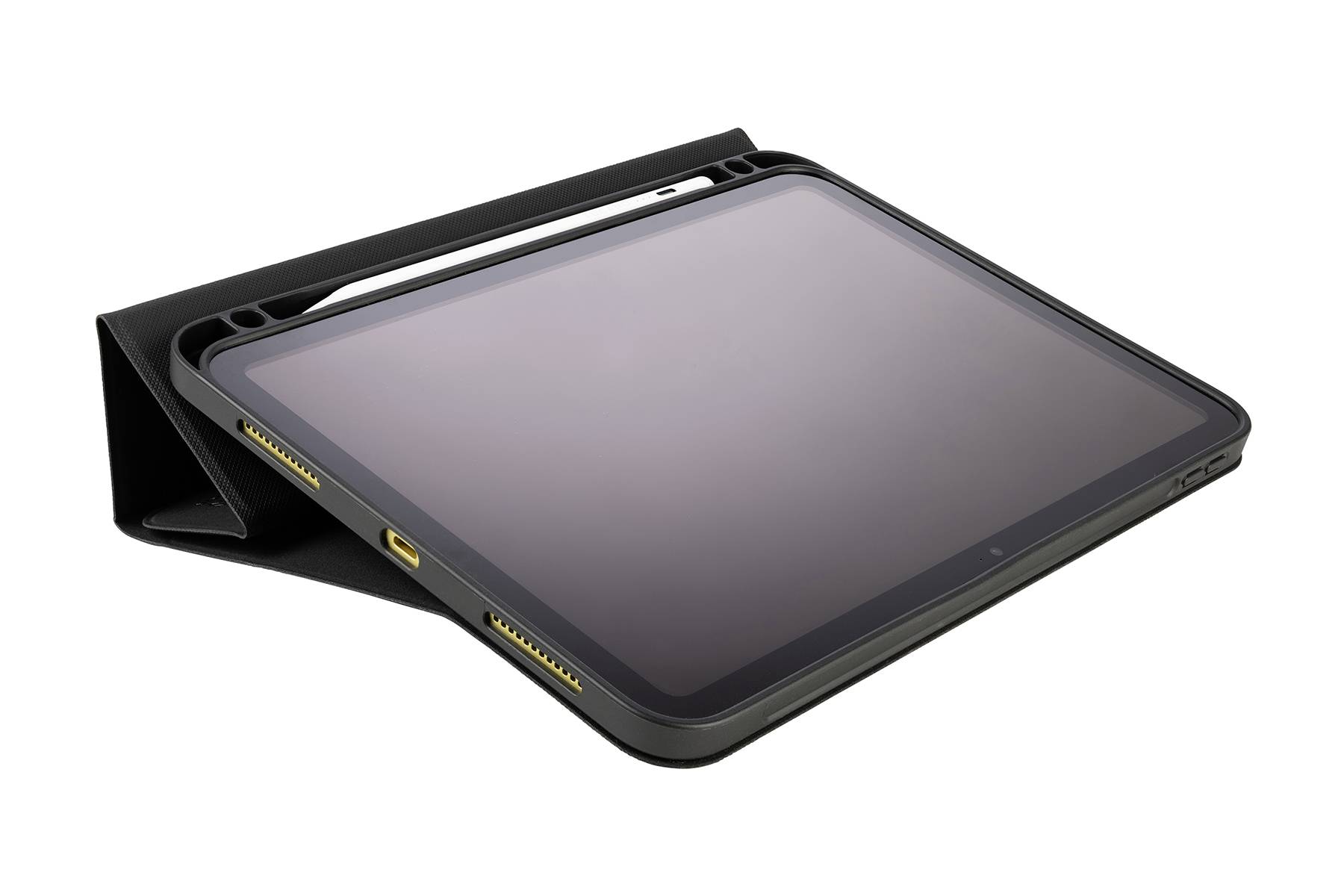 Ein Tablet liegt schräg auf einem schwarzen, zusammenklappbaren Ständer.