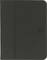 Schwarze Hülle für ein Tablet oder Buch, mit schlichtem Design und leicht sichtbarem Symbol auf der Vorderseite.