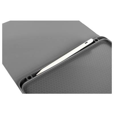 Graues Tablet-Schutzetui mit integriertem Steckplatz für einen weißen Stylus-Stift.