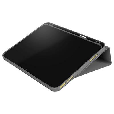Schwarzes Tablet in einem grauen Schutzetui, schräg im Querformat auf weißem Hintergrund positioniert.