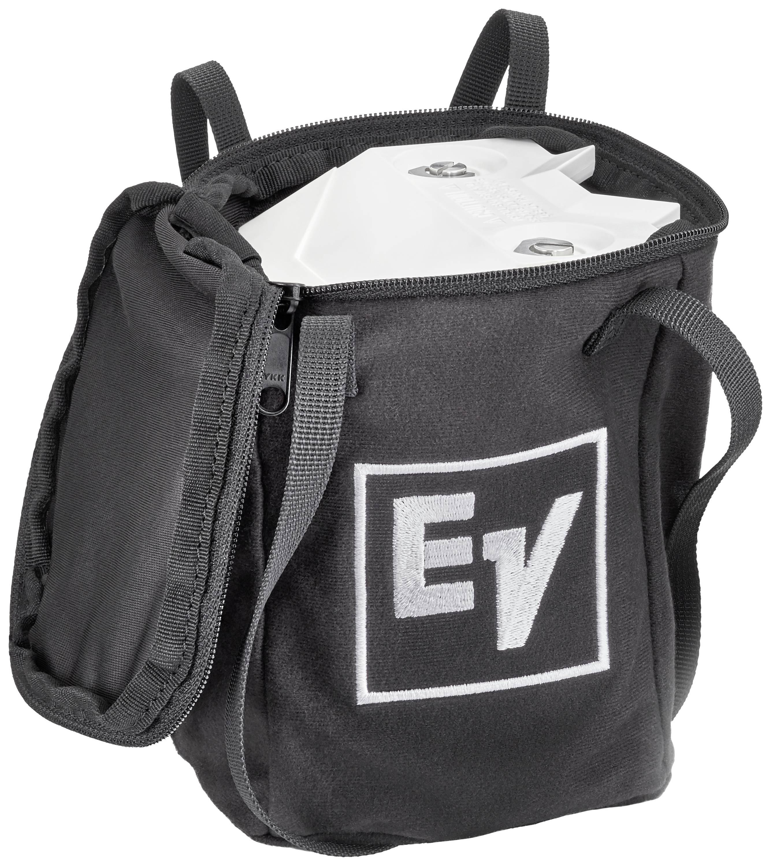 Schwarze Tasche mit Reißverschluss, Label 'EV' auf der Vorderseite, enthält weiße Gegenstände.