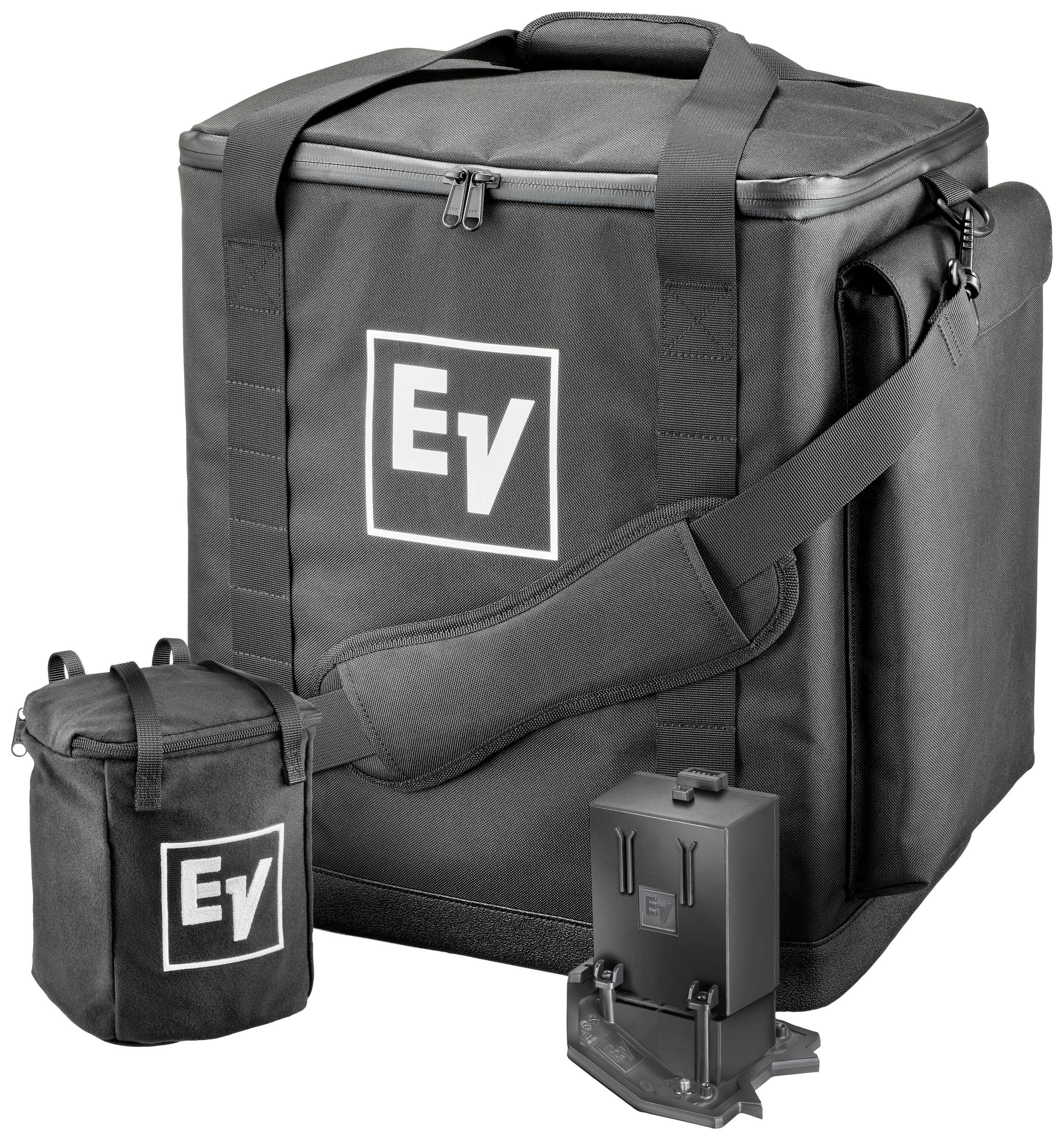Schwarze Tragetasche mit "EV"-Logo, zwei kleinere schwarze Etuis mit ähnlichem Logo, ein Schultergurt. Zubehör für Transport und Schutz.