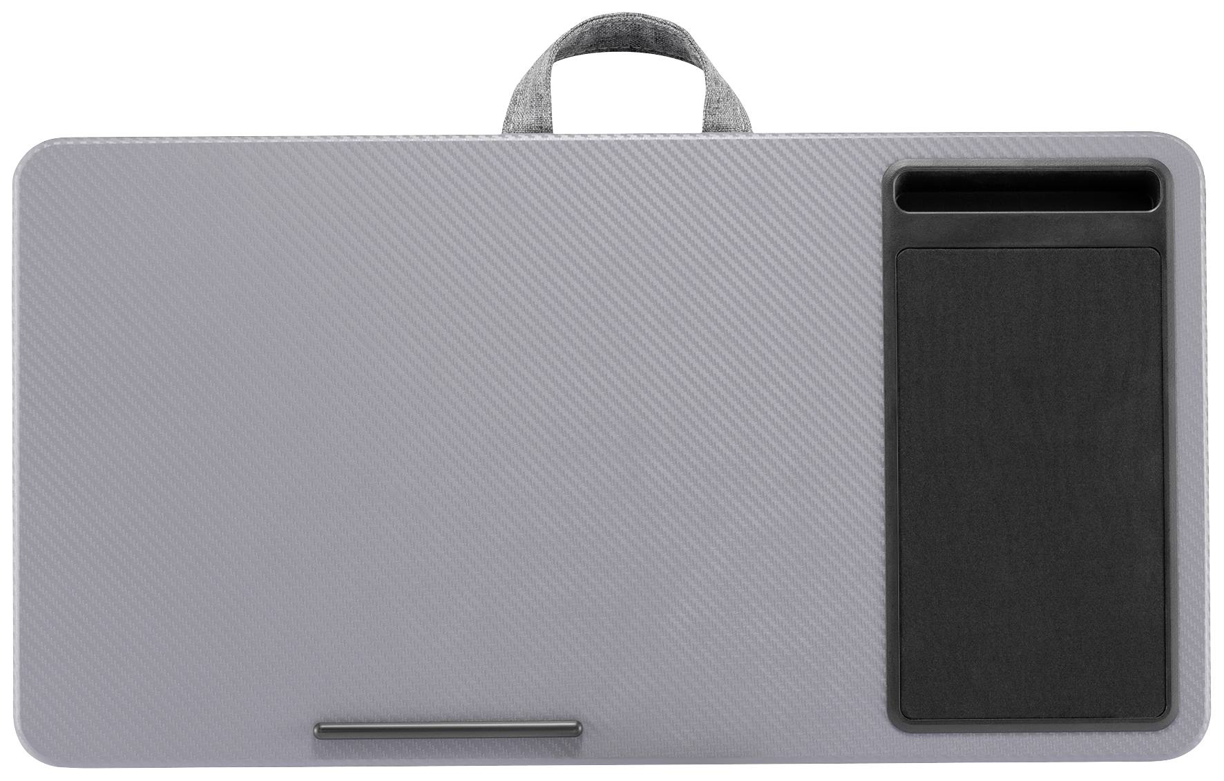 Eine graue Laptoptasche mit Tragegriff und rechteckiger schwarzer Fläche auf der rechten Seite.