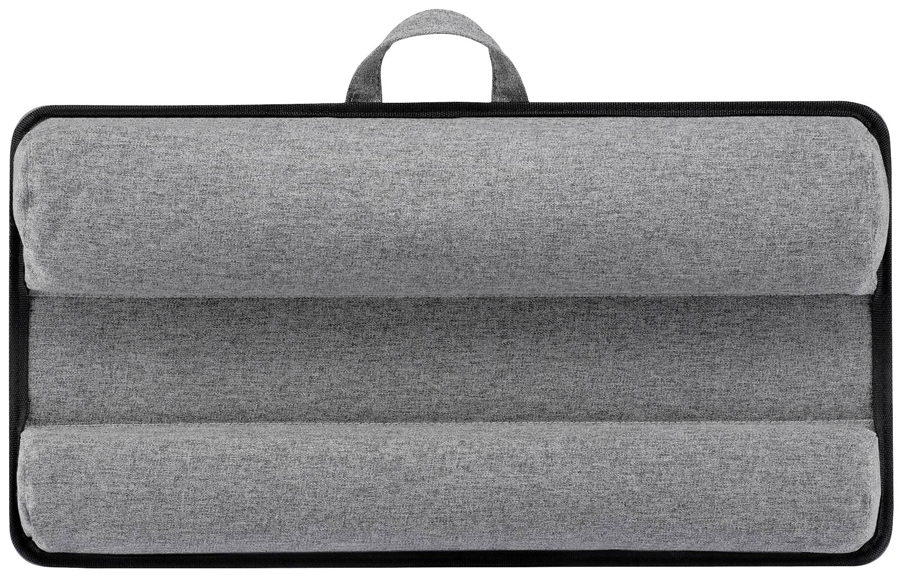 Graue, rechteckige Matte mit drei gleich großen, gepolsterten Rollen und einem Tragegriff oben. Ideal für Gymnastik oder Yoga.