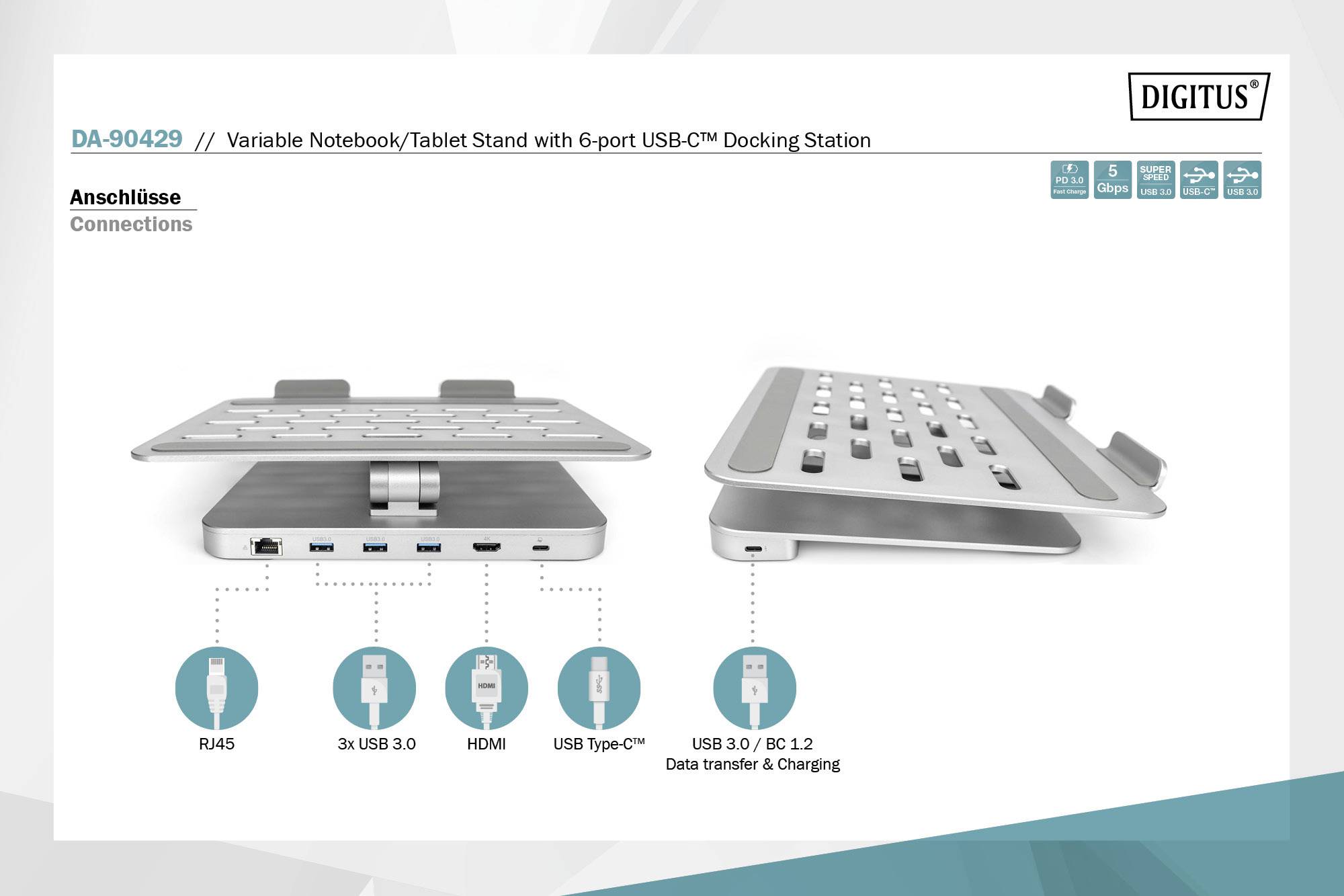 DIGITUS - Variabler Notebook/Tablet Ständer mit 6-Port USB-C Docking Station-5