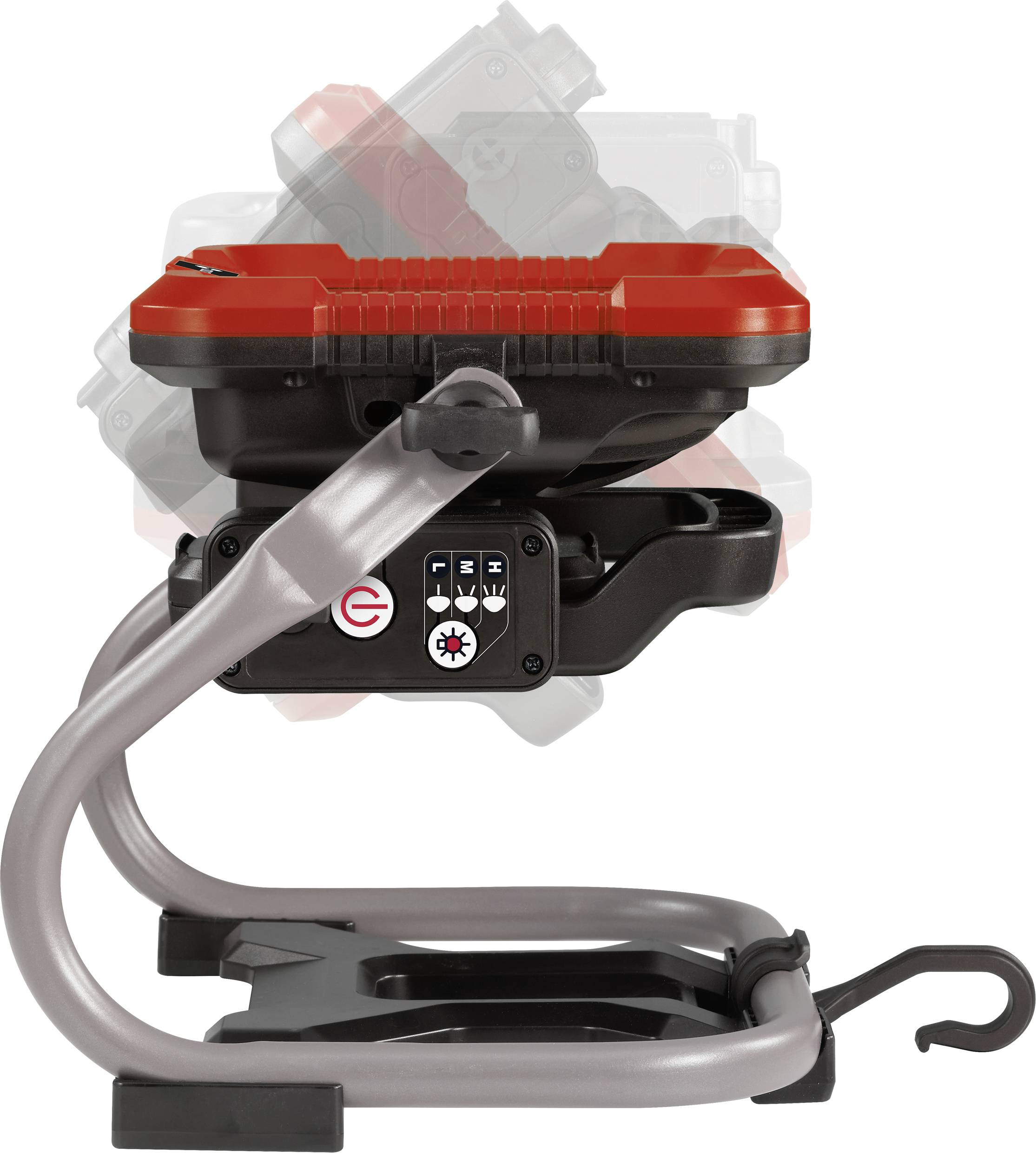 Eine tragbare, rot-schwarze LED-Arbeitsleuchte mit verstellbarem Standfuß, geeignet zur flexiblen Ausleuchtung von Arbeitsbereichen.