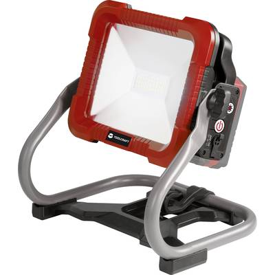 Ein rotes LED-Baustellenlicht mit stabilem Metallständer, geeignet für Baustellenbeleuchtung.