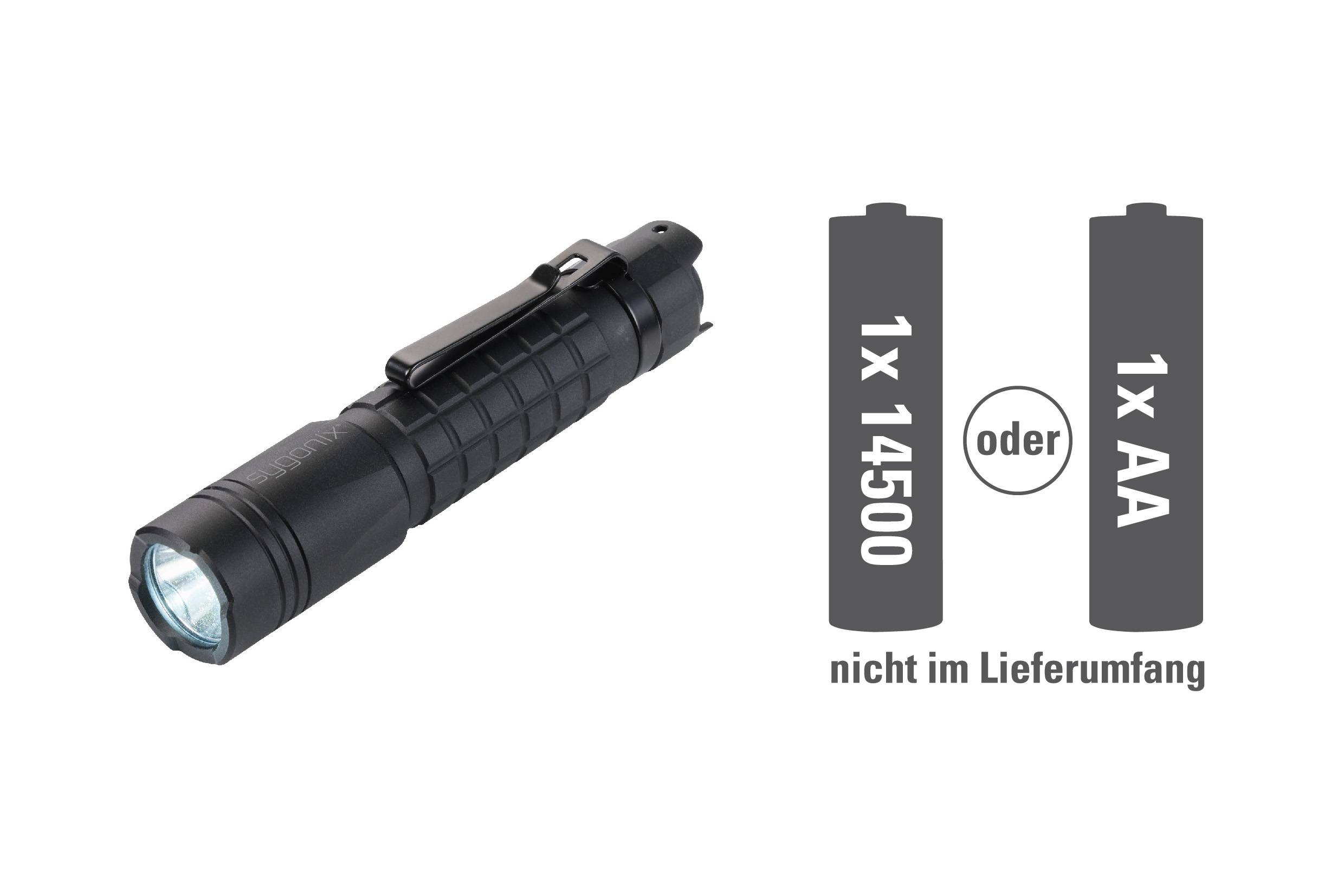 Eine schwarze Taschenlampe und zwei Batterietypen nebeneinander gezeigt. Text: '1x 14500 oder 1x AA, nicht im Lieferumfang'.