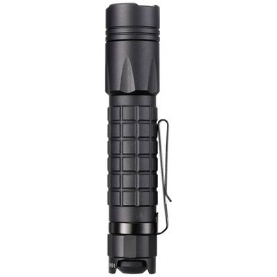 Schwarze Taschenlampe mit strukturiertem Griff und Gürtelclip, stehend.