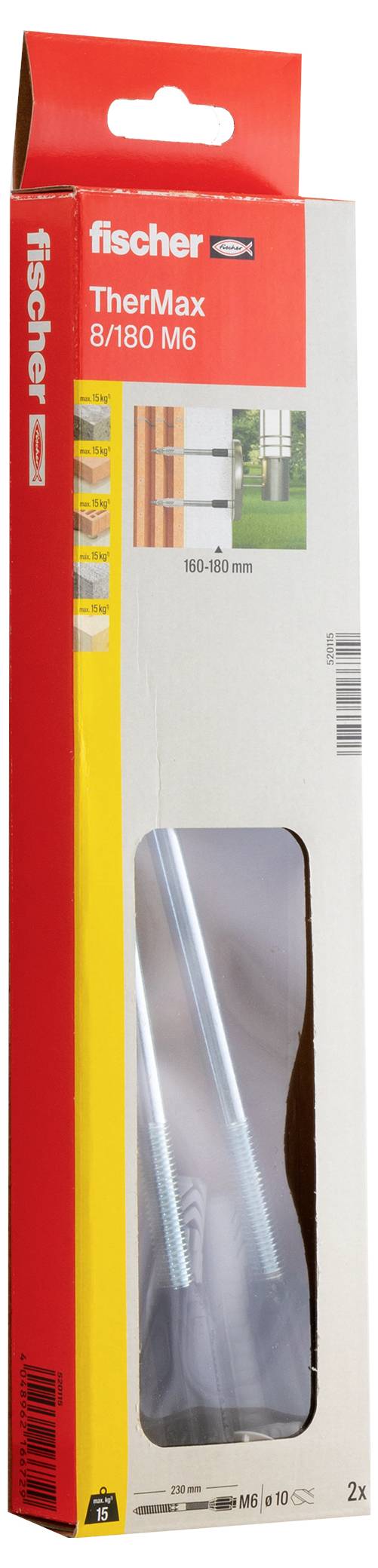 Verpackung eines Fischer TherMax 8/180 M6 Befestigungssystems, zeigt zwei Schrauben durch ein Sichtfenster. Geeignet für Montage.