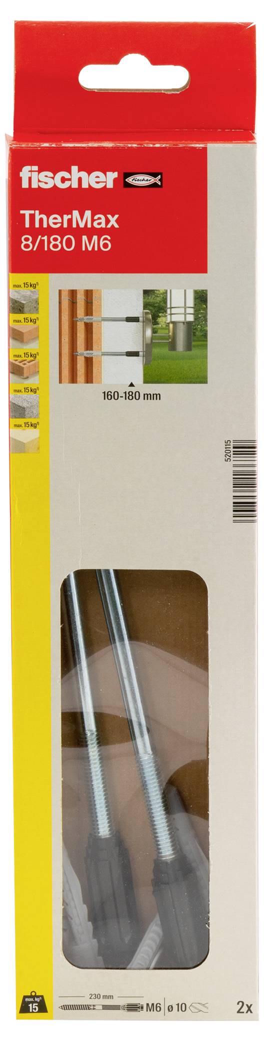 Verpackung von 'fischer TherMax 8/180 M6', zeigt zwei Gewindestangen, geeignet für 160 bis 180 mm Dämmung. Bild von montierten Stangen außen.
