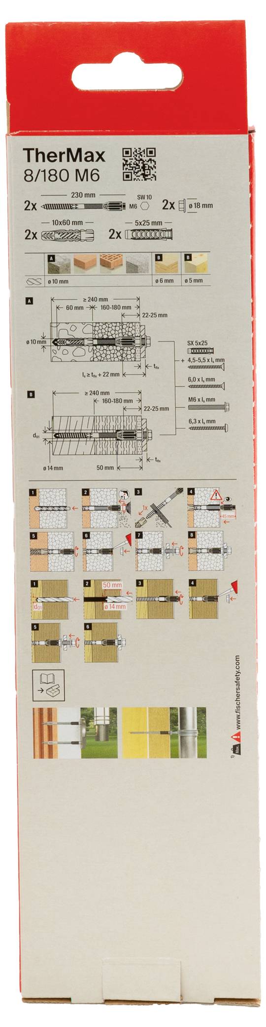 Verpackung eines TherMax 8/180 M6-Dübelsets mit Schritt-für-Schritt-Anleitung und technischen Zeichnungen für die Installation.