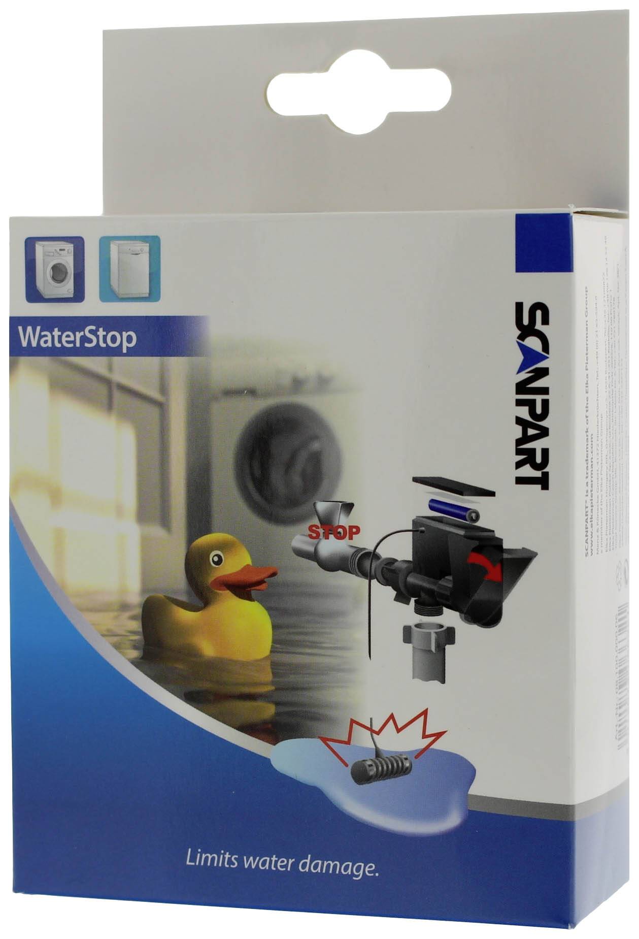 Verpackung eines Wasserstopps, der Wasserschäden verhindert. Bild zeigt eine gelbe Ente im Wasser und ein Diagramm der Funktion.