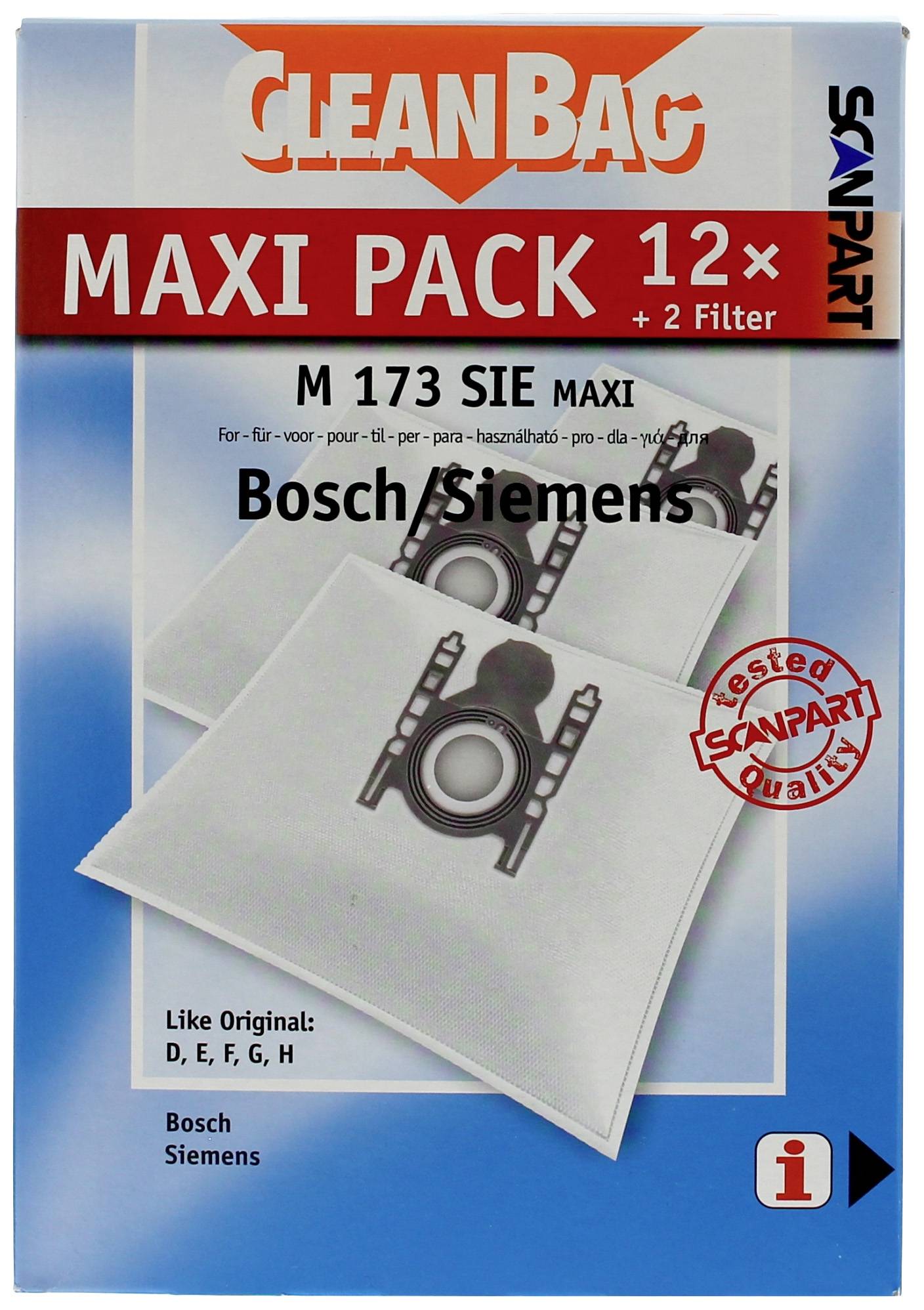'CleanBag Maxi Pack 12× + 2 Filter' Staubsaugerbeutel für Bosch Siemens Modelle. Verpackungsdesign mit Firmenlogo und Modellnummer.