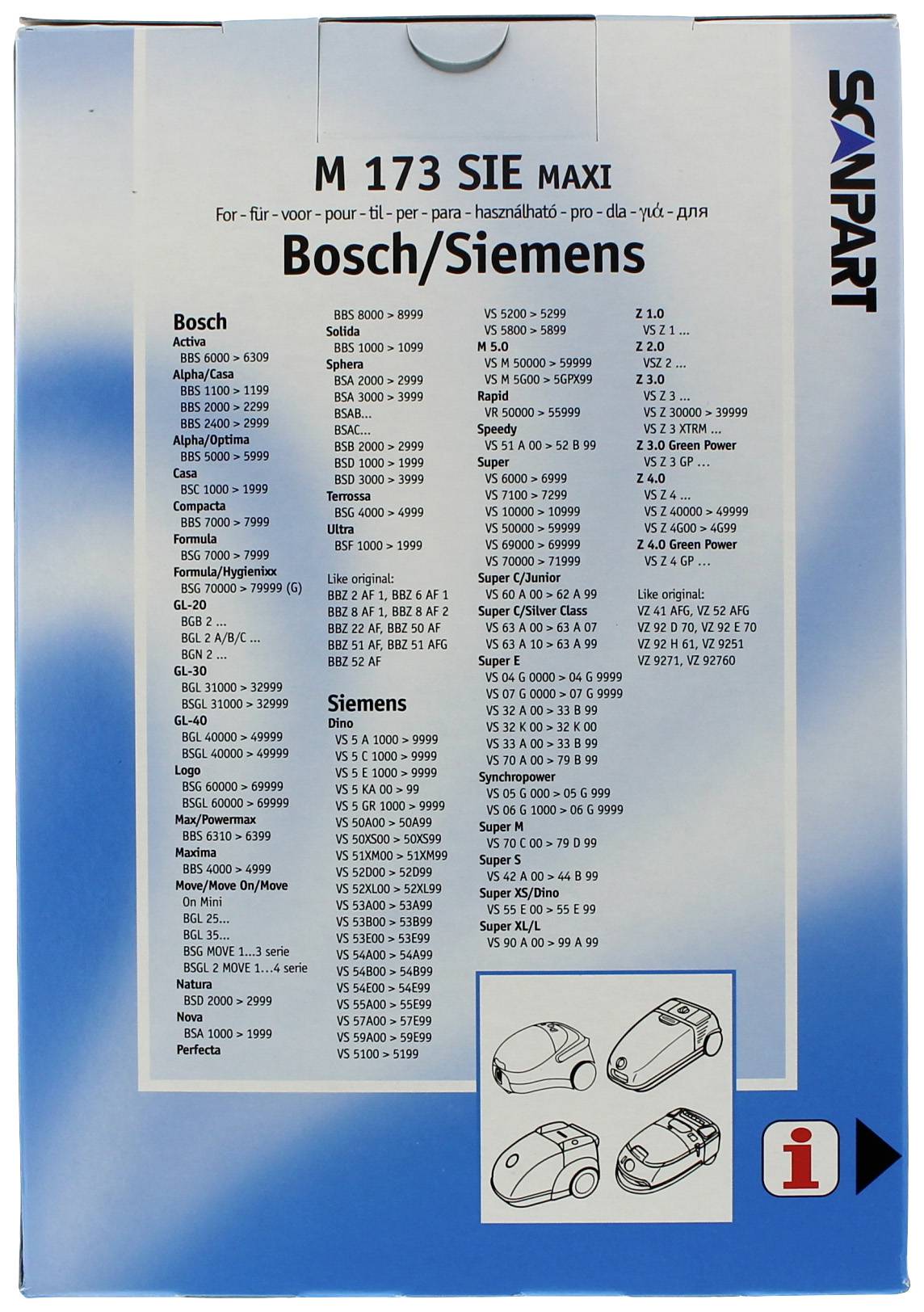 'Verpackung für Staubsaugerbeutel M 173 SIE MAXI von Scanpart, passend für Bosch/Siemens-Modelle, zeigt kompatible Modelle und Beutelabbildungen.'