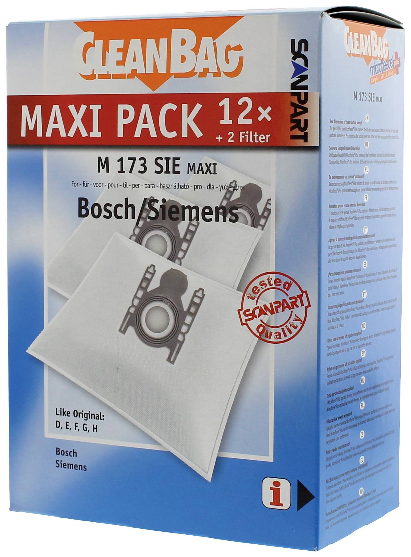 'Cleanbag Maxi Pack' Staubsaugerbeutel für Bosch/Siemens. Enthält 12 Beutel und 2 Filter. Passend für Modelle DE, F, G, H.