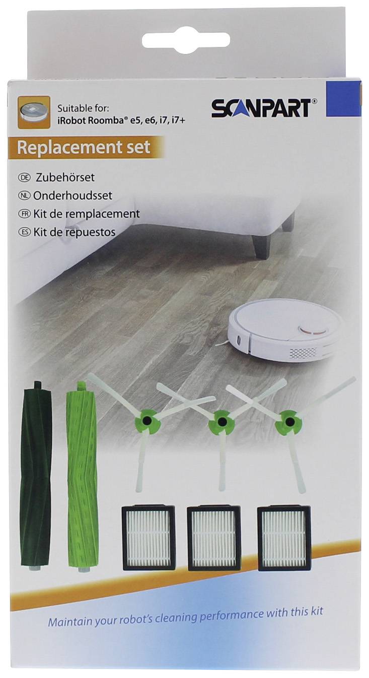'Scanpart Ersatzset für iRobot Roomba Modelle e5, e6, i7, i7+. Enthält Bürsten, Filter und Seitenbürsten für optimale Reinigung.'