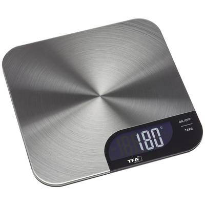 Digitale Küchenwaage aus Edelstahl mit einem Display, das '180 g' anzeigt. Tasten für Ein/Aus und Tarierfunktion sind sichtbar.