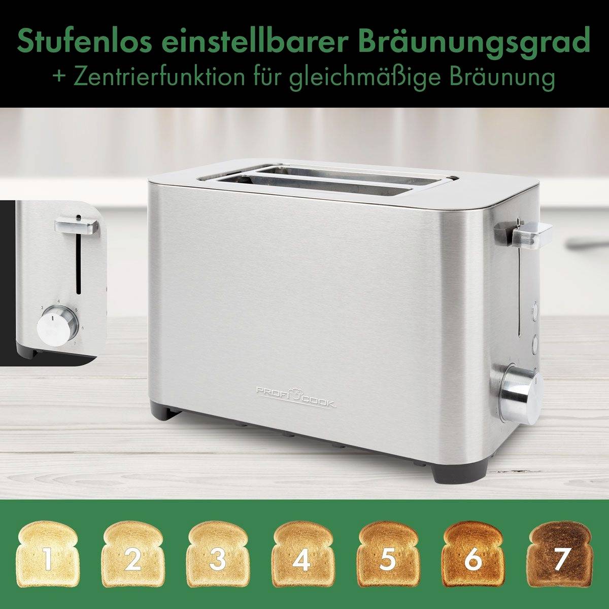 Toaster mit stufenlos einstellbarem Bräunungsgrad für gleichmäßige Bräunung. Bild zeigt verschiedene Toaststufen von 1 bis 7.