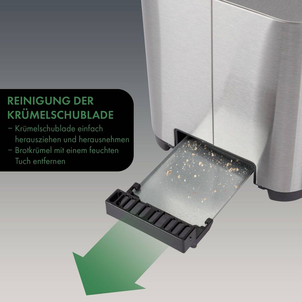Toaster mit herausgezogener Krümelschublade. Text: 'Reinigung der Krümelschublade einfach herausziehen und leeren - Brotkrümel mit einem feuchten Tuch entfernen'.