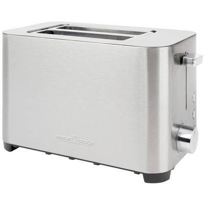 Silberner Toaster mit seitlichem Drehregler und Schieberegler. Geeignet für zwei Brotscheiben.