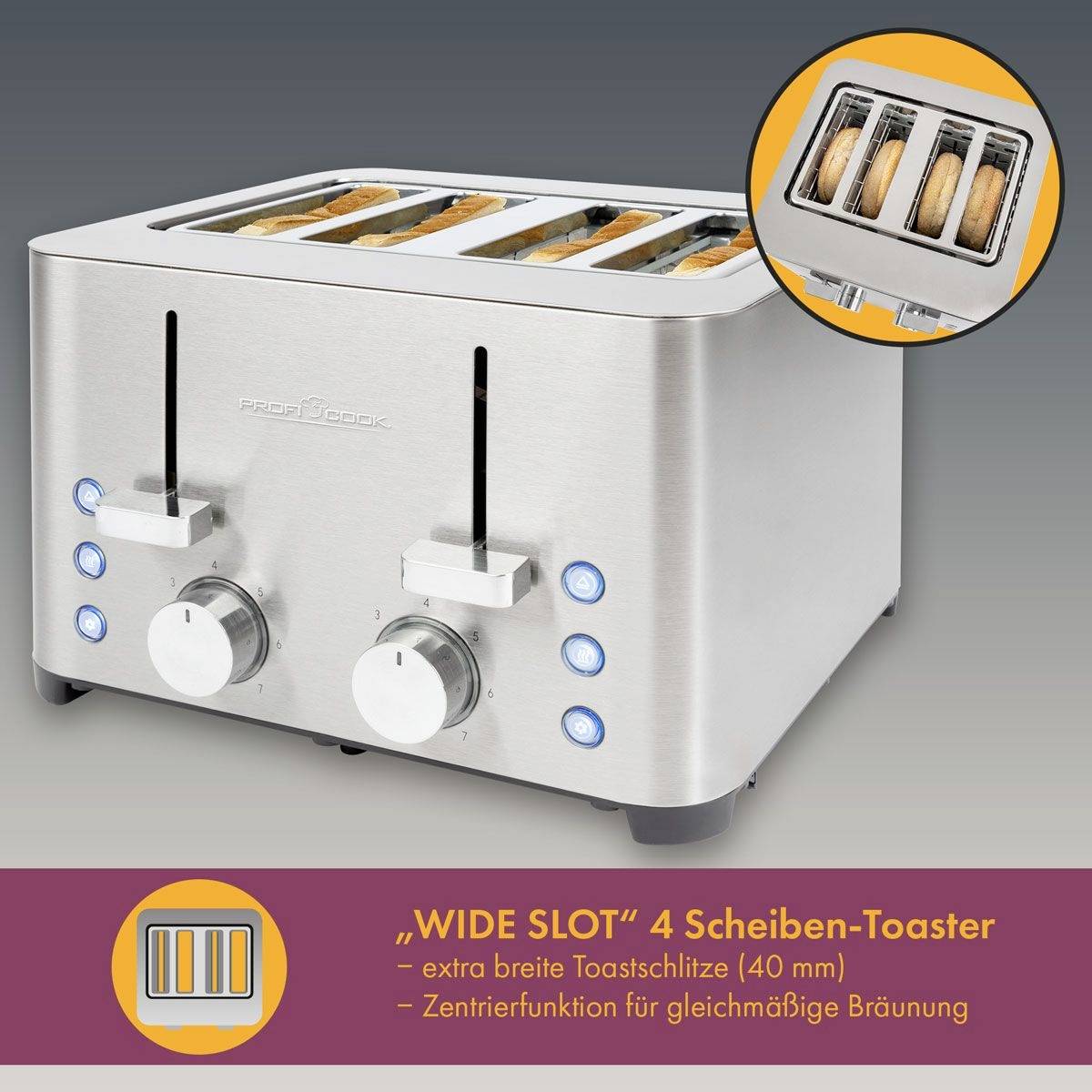 Ein Toaster mit vier extra breiten Schlitzen bräunt gleichmäßig vier Brotscheiben. Text unten: 'WIDE SLOT' 4 Scheiben-Toaster.
