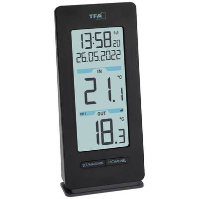 Digitales Thermometer zeigt Datum '26.05.2022', Innen- und Außentemperatur an: Innen 21,1°C, Außen 18,3°C. Uhrzeit 13:58.