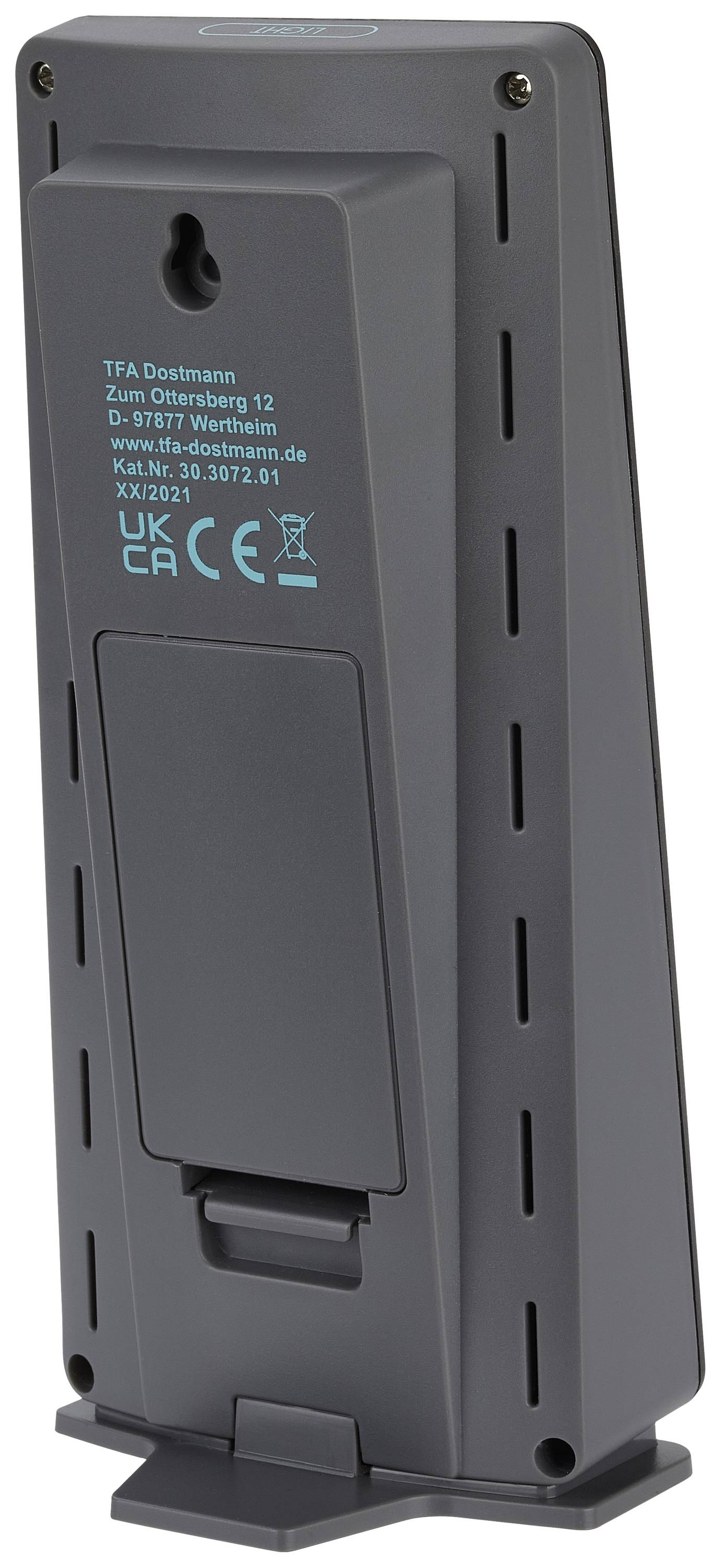 Ein digitales Gerät in schwarzer Farbe mit blauer Beschriftung auf der Rückseite. Es hat mehrere Schrauben und einen Batteriefachdeckel.