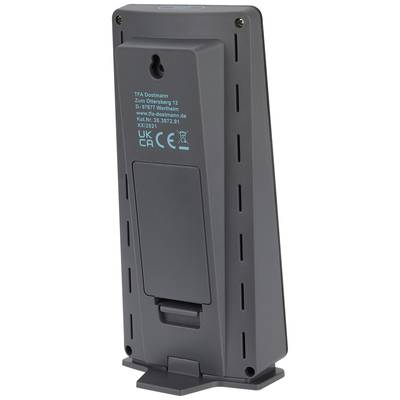 Ein digitales Gerät in schwarzer Farbe mit blauer Beschriftung auf der Rückseite. Es hat mehrere Schrauben und einen Batteriefachdeckel.