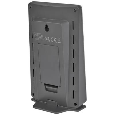 Das Bild zeigt die Rückseite eines grauen elektronischen Geräts, eventuell ein Messgerät, mit Batteriefach und Zertifizierungsaufdrucken.