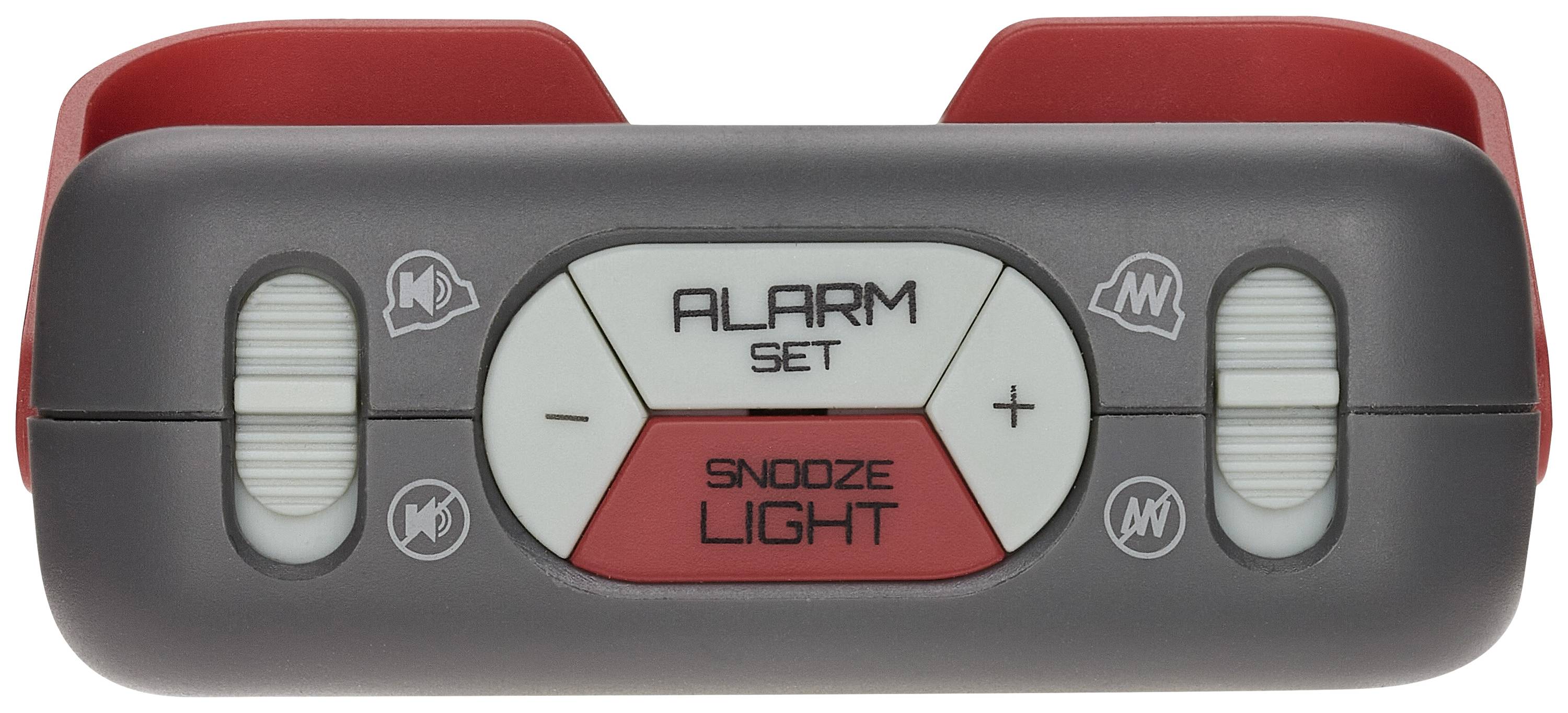 Wecker mit rotem 'Snooze/Light'-Knopf in der Mitte, umgeben von Tasten zum Einstellen des Alarms.