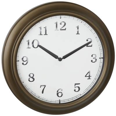 Eine runde Wanduhr mit einem braunen Rahmen zeigt 10:10 Uhr an.